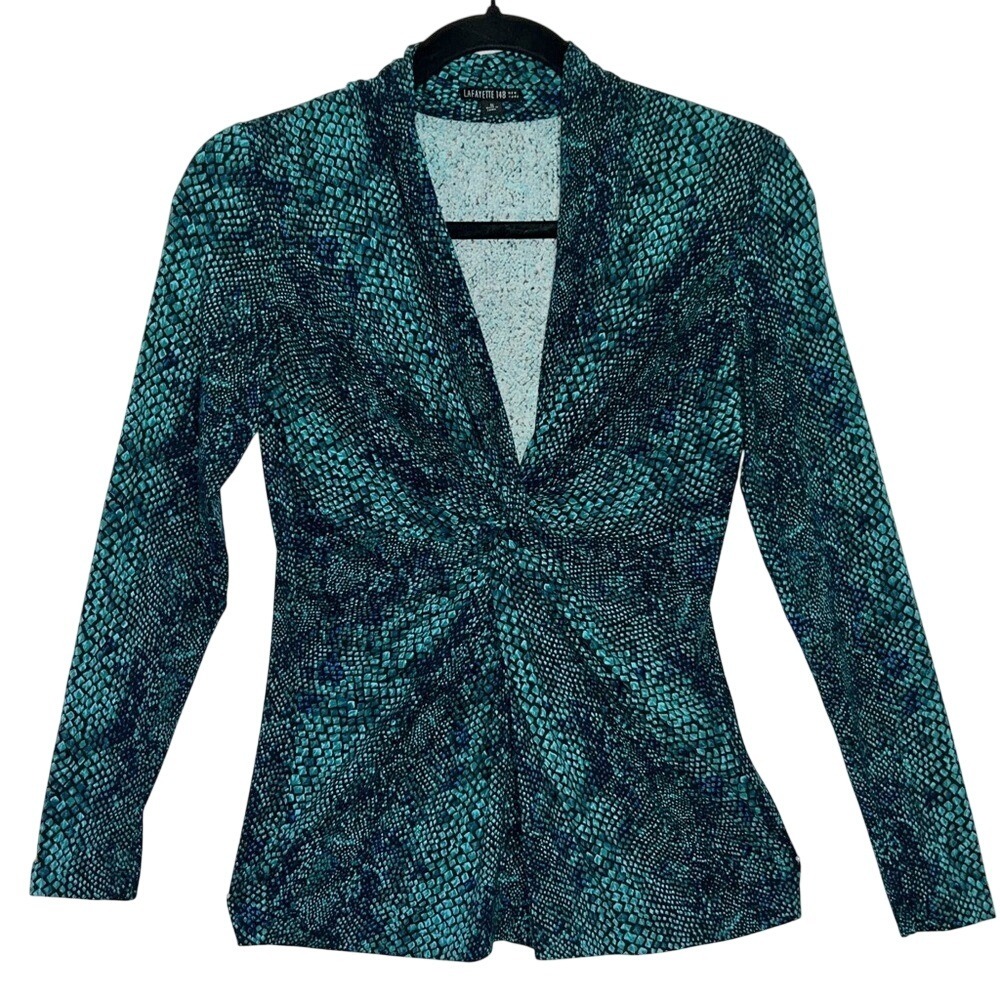 Lafayette 148 Woman's Small Top Twist Front‎ Snake Teal Black Blouse
